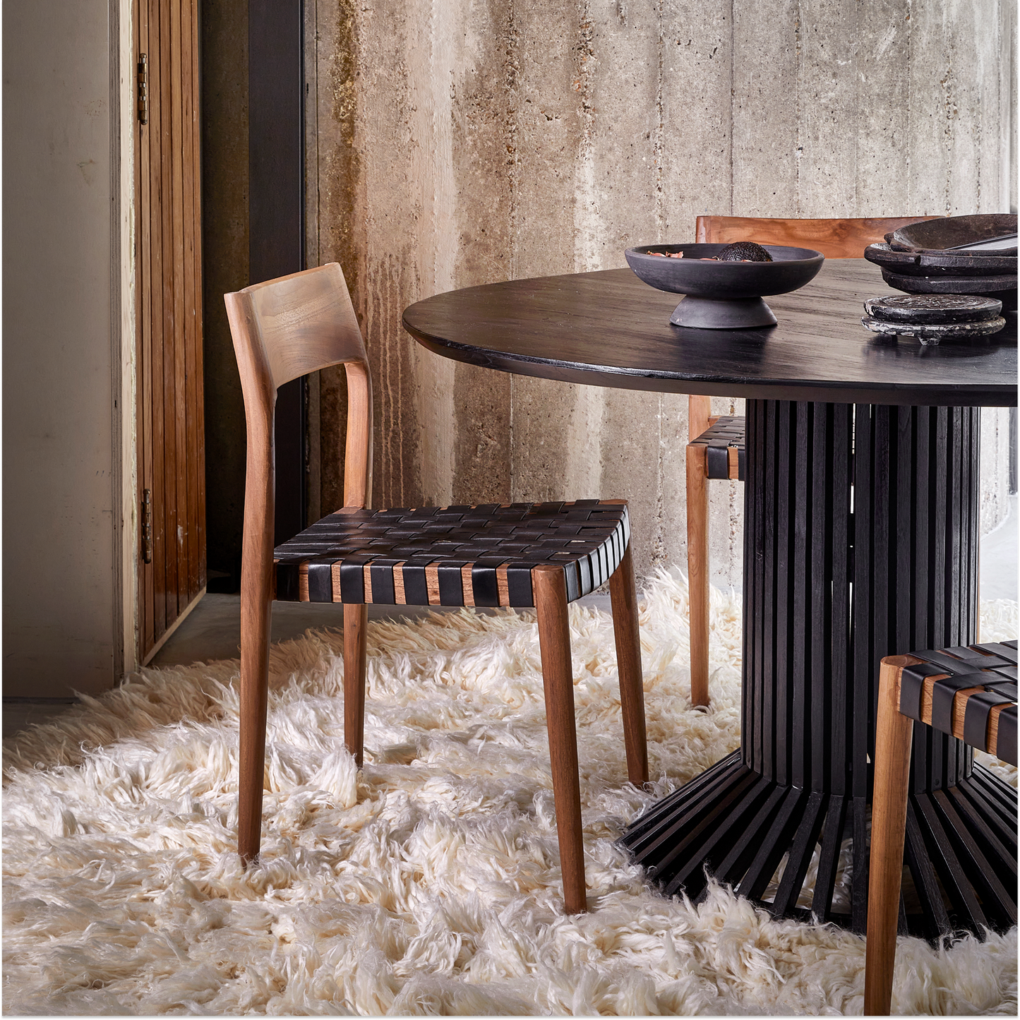 Freya Black Leather Teak Dining Chair