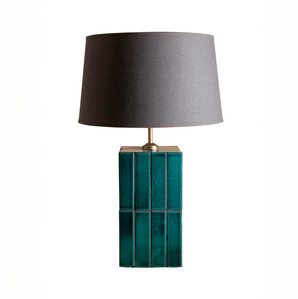 Porto Teal Ceramic Tiled Lamp With Linen Shade