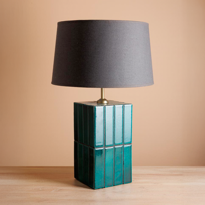 Porto Teal Ceramic Tiled Lamp With Linen Shade
