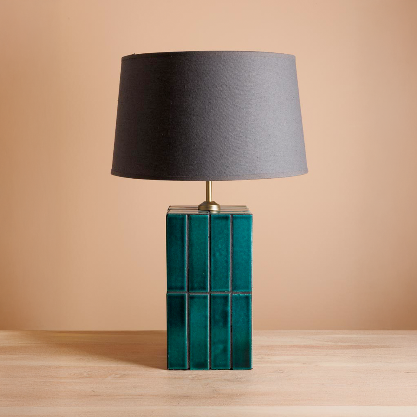 Porto Teal Ceramic Tiled Lamp With Linen Shade
