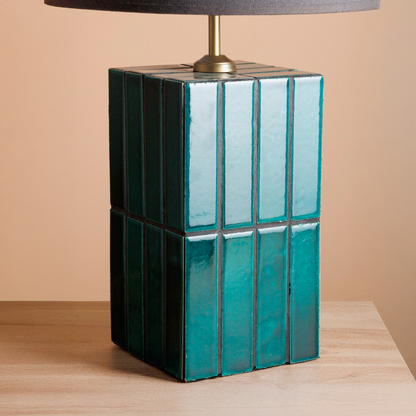 Porto Teal Ceramic Tiled Lamp With Linen Shade