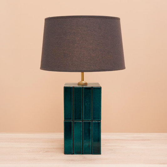 Porto Teal Ceramic Tiled Lamp With Linen Shade