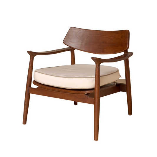 Wooden armchair with beige cushion on a white background