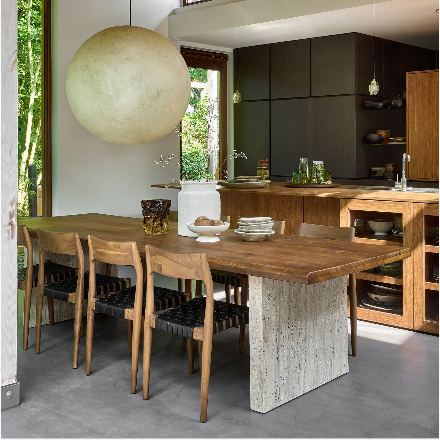 Live Edge Dining Table – Travertine Base