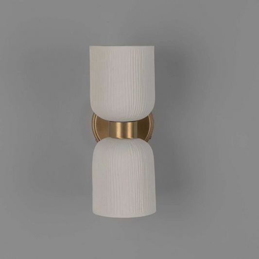 Sakura Matte White Striped Double Ceramic and Brass Wall Light 31cm IP20