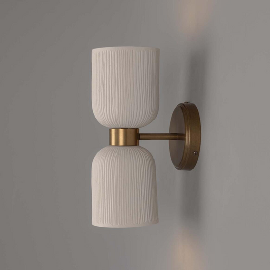 Sakura Matte White Striped Double Ceramic and Brass Wall Light 31cm IP20