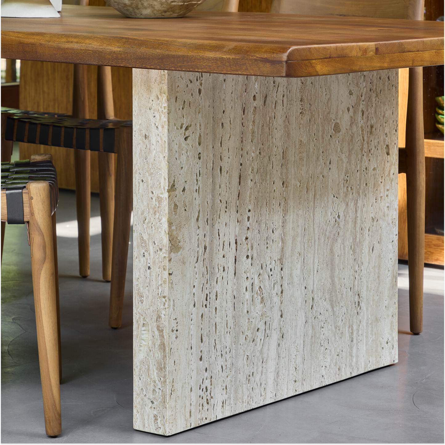 Live Edge Dining Table – Travertine Base