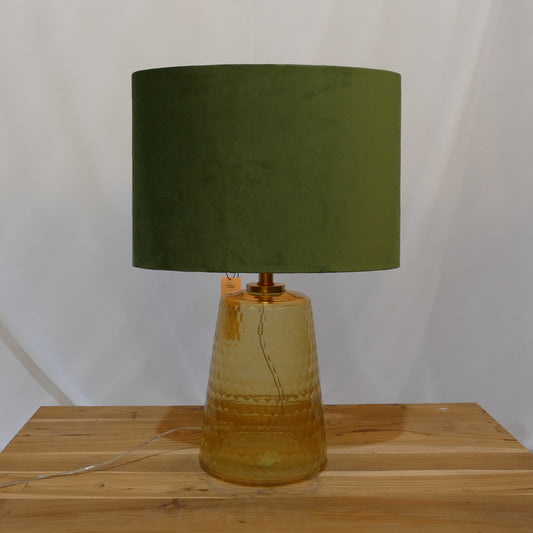 Amber Glass Lamp with Olive Velvet Shade