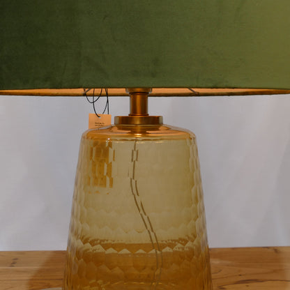 Amber Glass Lamp with Olive Velvet Shade