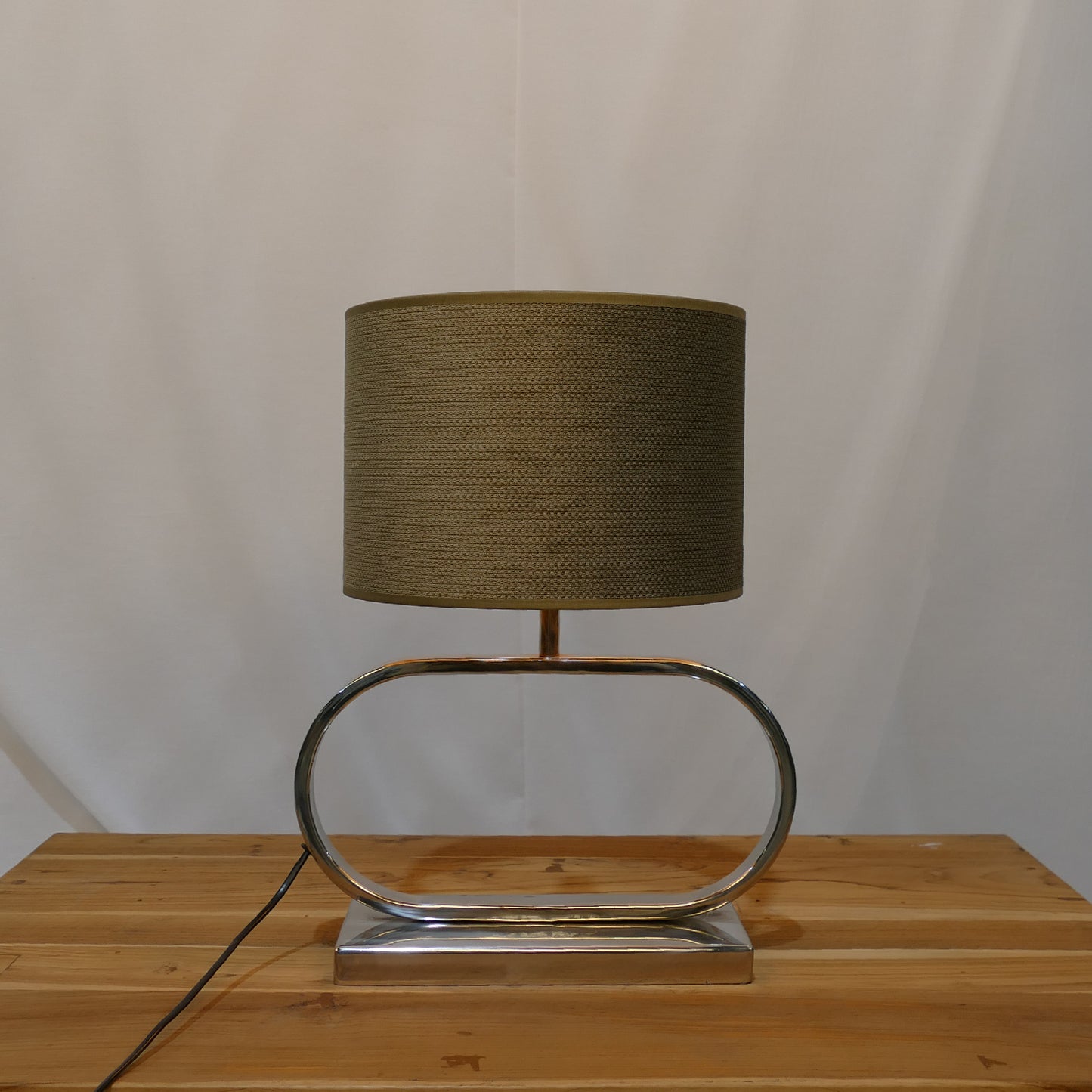 Chrome Oval Frame Lamp with Olive Woven Shade