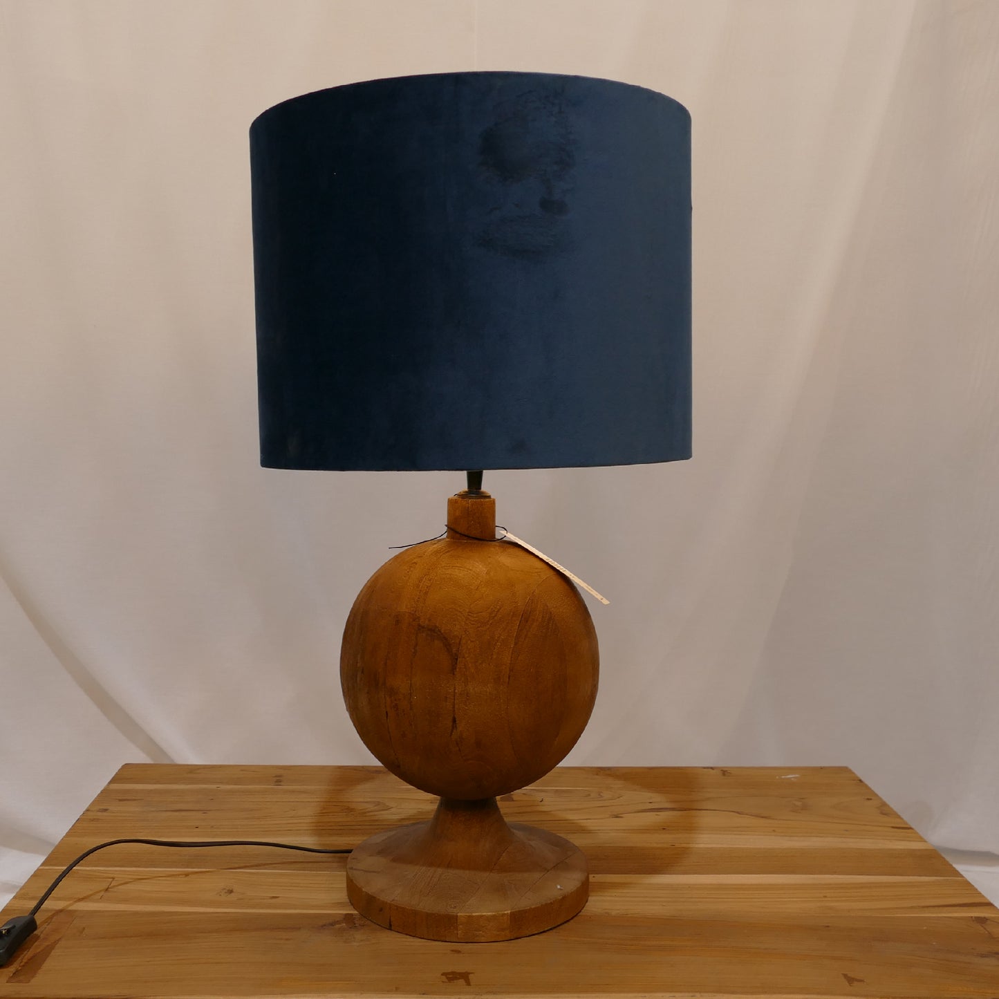 Wooden Sphere Lamp with Navy Velvet Shade