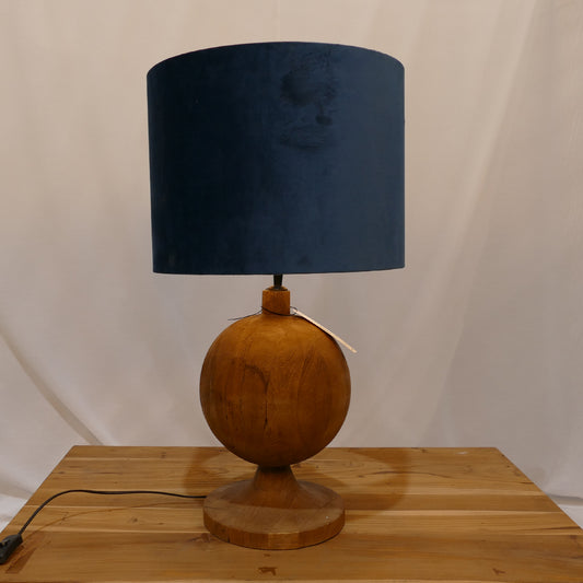 Wooden Sphere Lamp with Navy Velvet Shade
