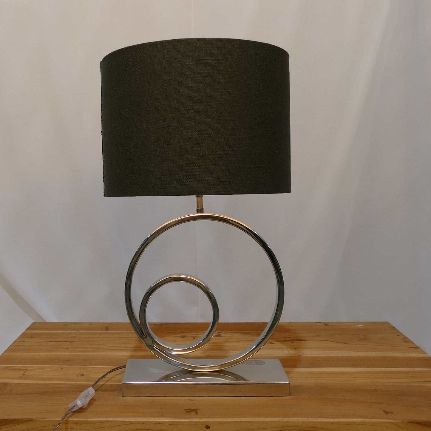 Chrome Double Ring Lamp with Dark Olive Woven Shade