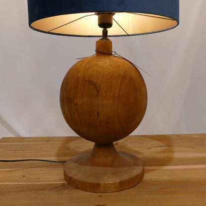 Wooden Sphere Lamp with Navy Velvet Shade