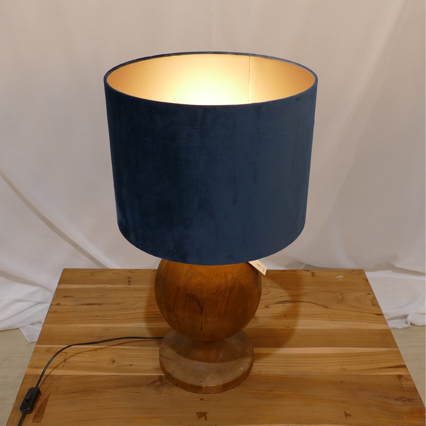 Wooden Sphere Lamp with Navy Velvet Shade