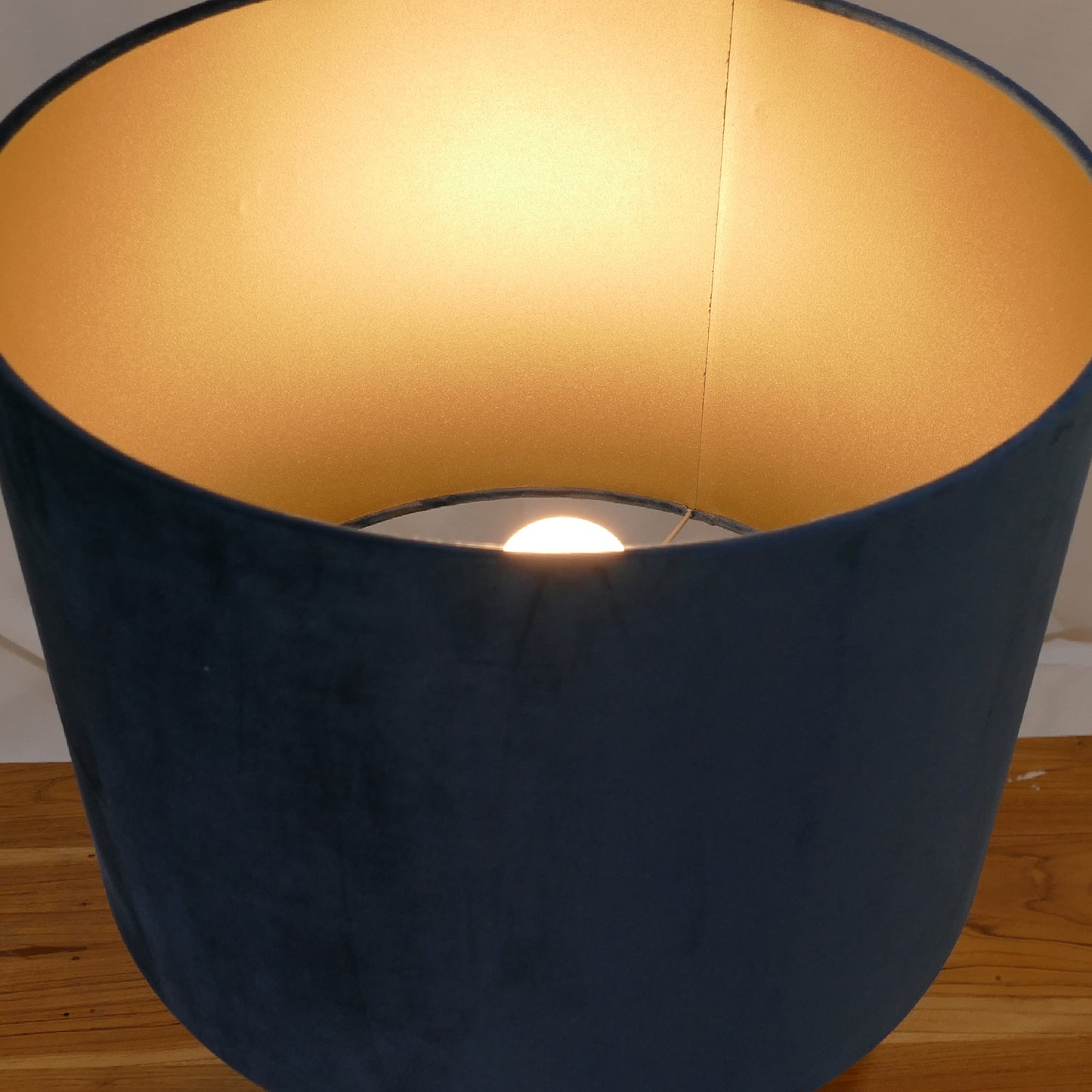 Wooden Sphere Lamp with Navy Velvet Shade