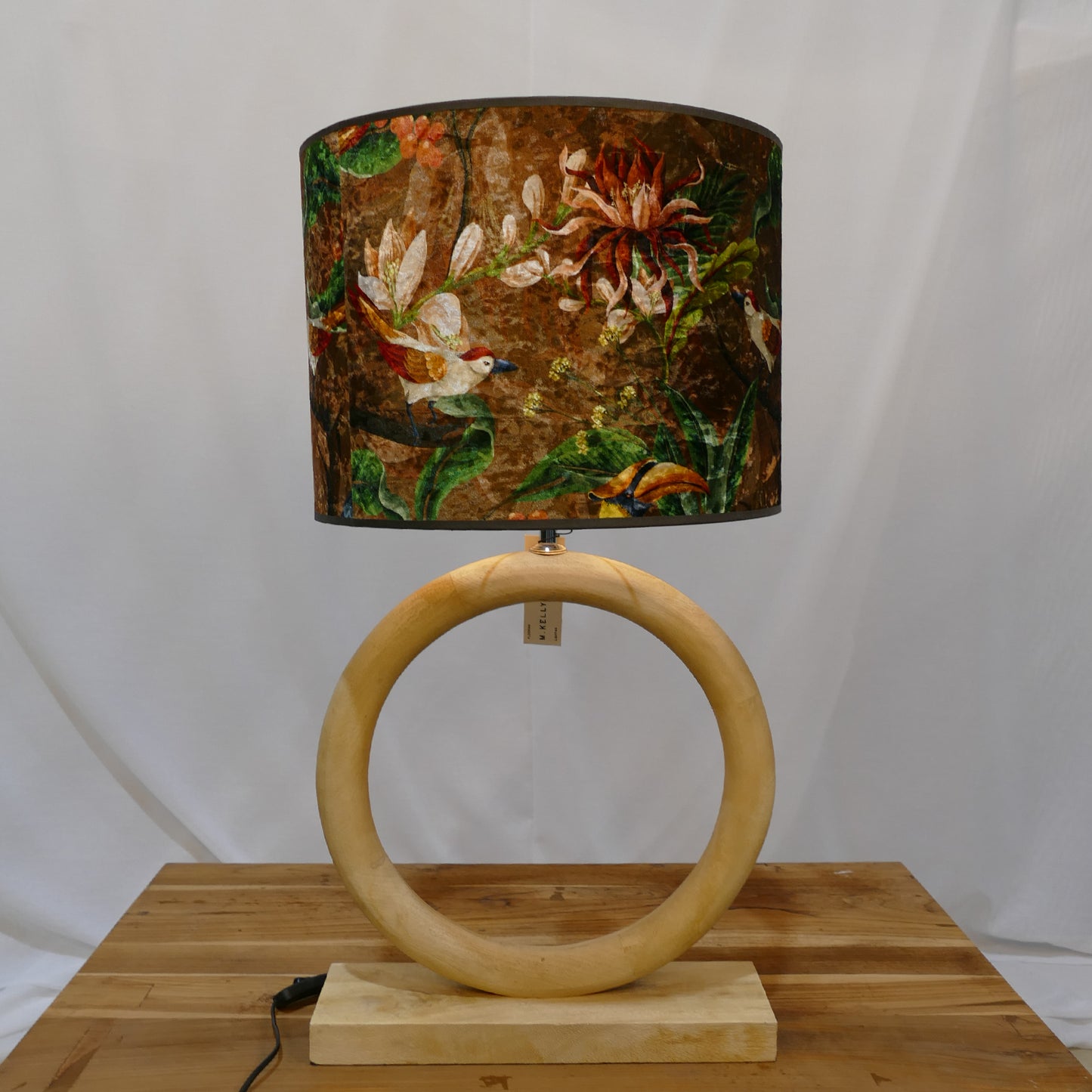 Wooden Ring Lamp with Floral Patterned Drum Shade