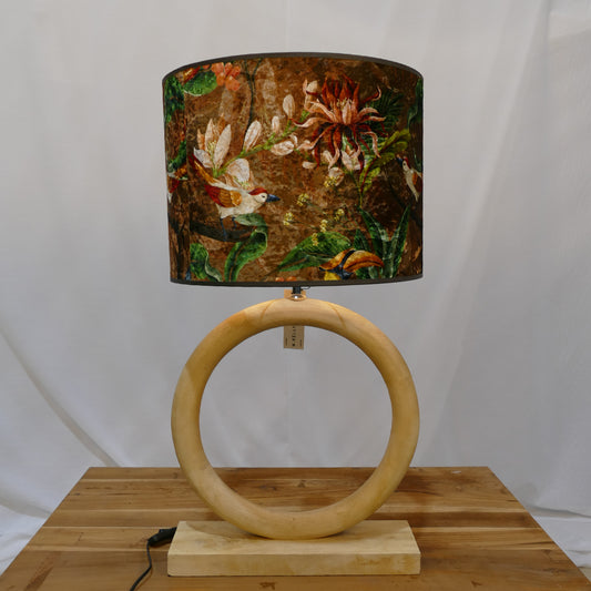Wooden Ring Lamp with Floral Patterned Drum Shade