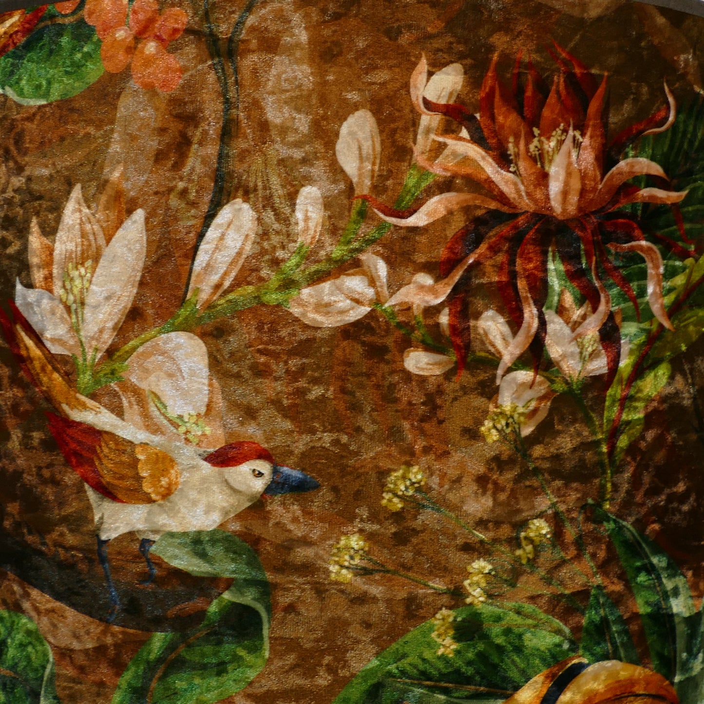 Wooden Ring Lamp with Floral Patterned Drum Shade