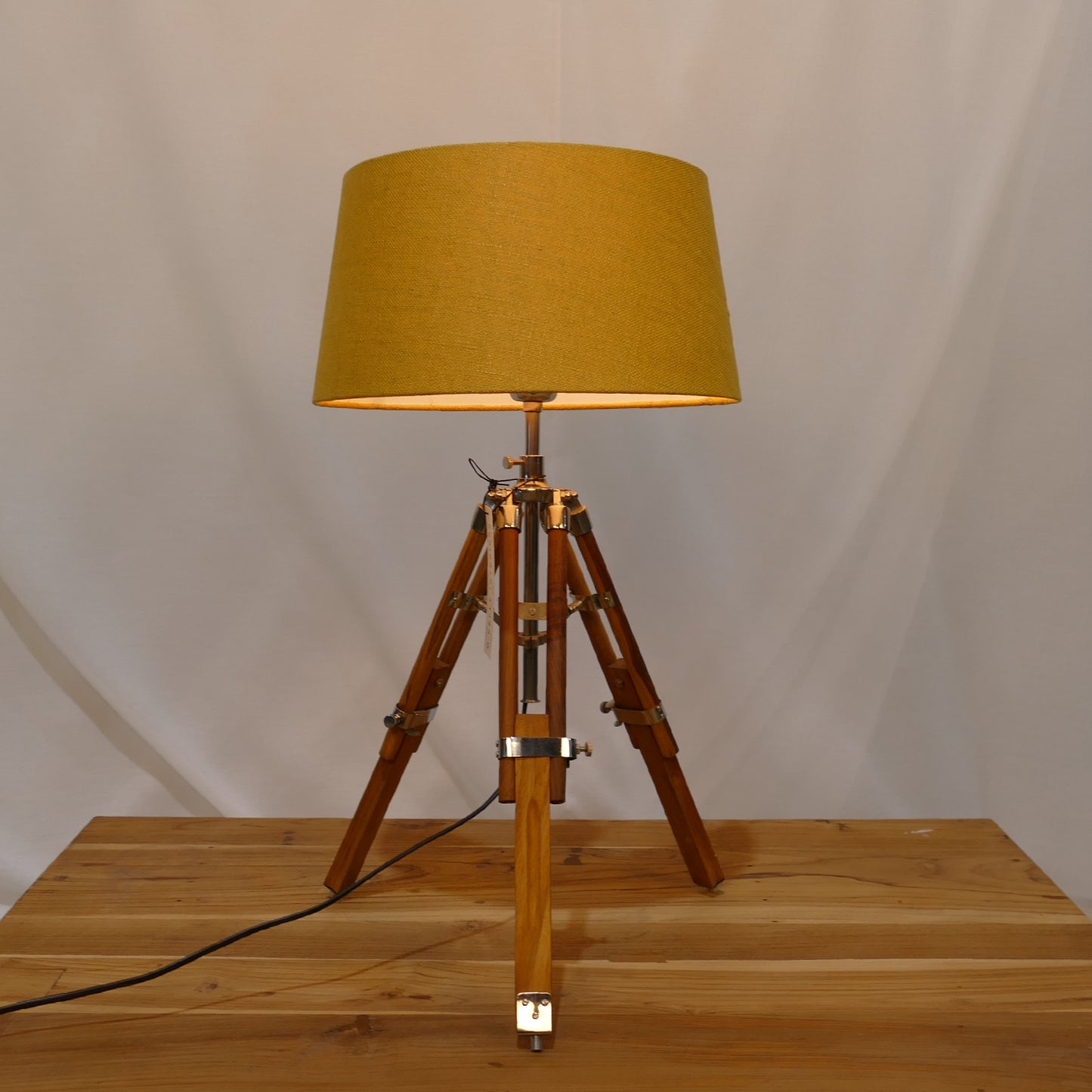 Wood Tripod Table Lamp with Mustard Shade