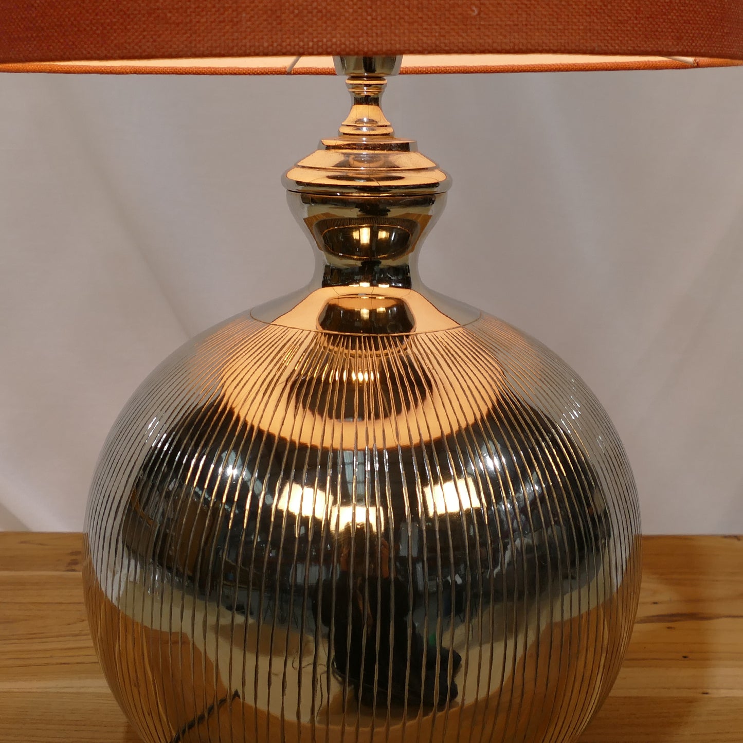 Ribbed Chrome Table Lamp with Rust Orange Shade