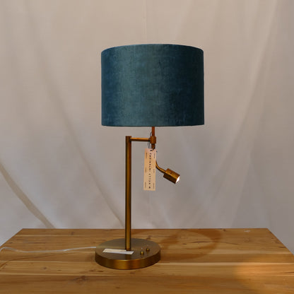 Brushed Brass Table Lamp with Teal Velvet Shade and Reading Light