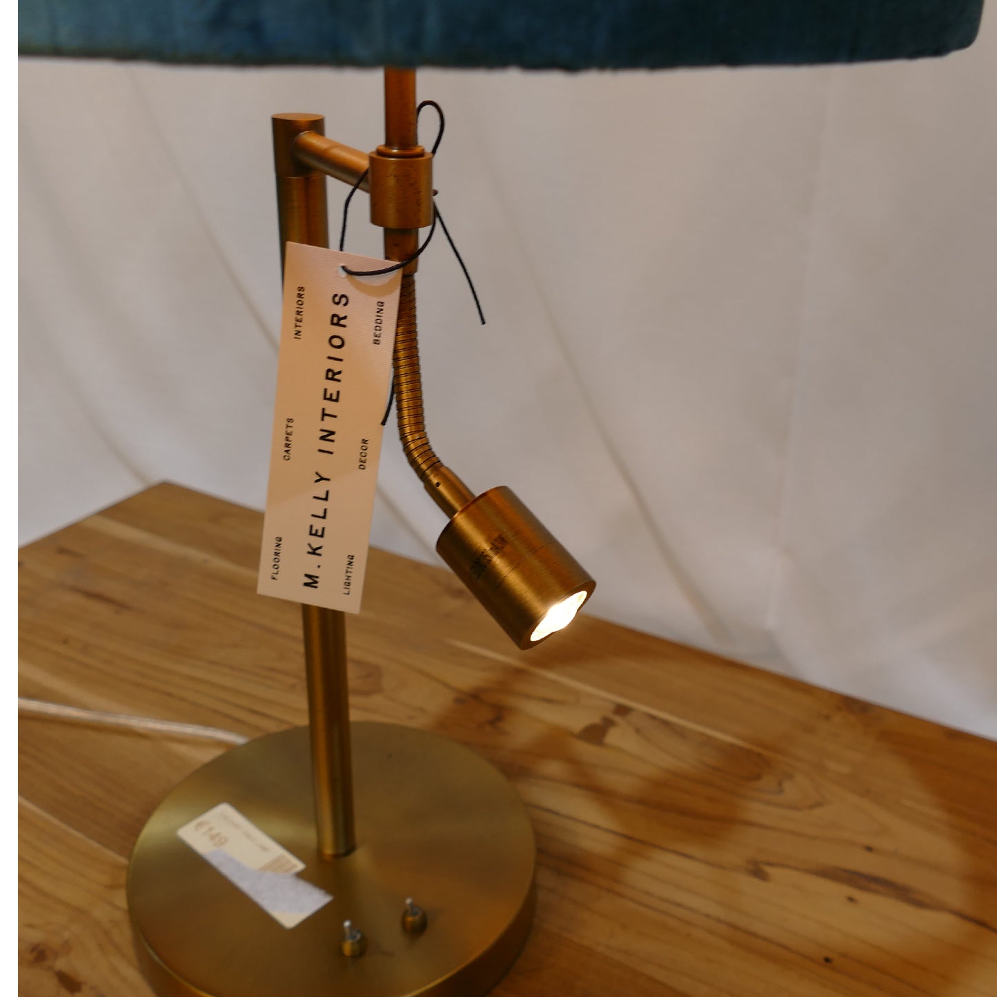 Brushed Brass Table Lamp with Teal Velvet Shade and Reading Light