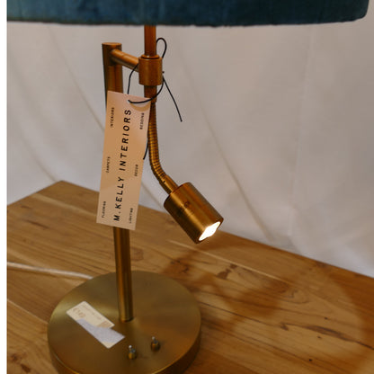 Brushed Brass Table Lamp with Teal Velvet Shade and Reading Light