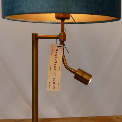Brushed Brass Table Lamp with Teal Velvet Shade and Reading Light