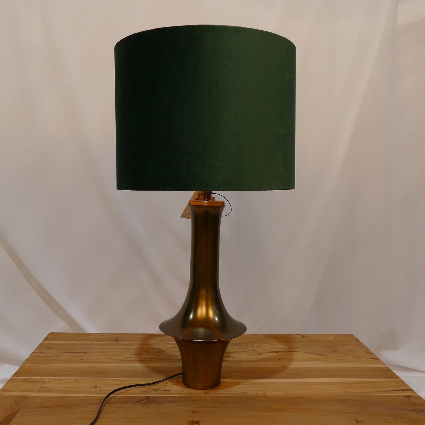 Brushed Bronze Sculptural Lamp with Deep Green Velvet Shade (02)