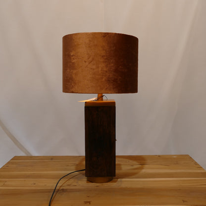 Wooden Block Lamp with Burnt Orange Velvet Shade