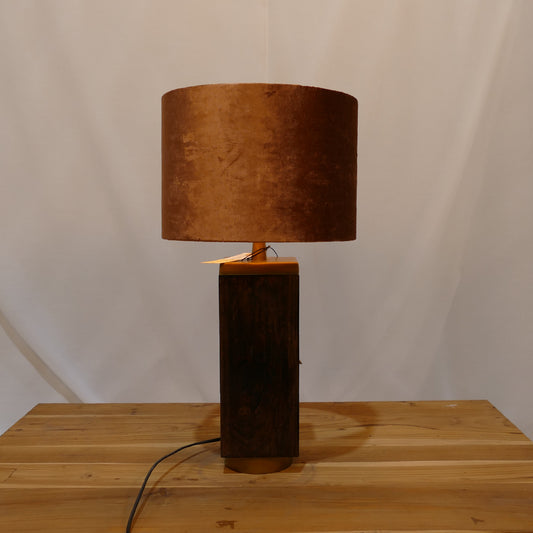 Wooden Block Lamp with Burnt Orange Velvet Shade
