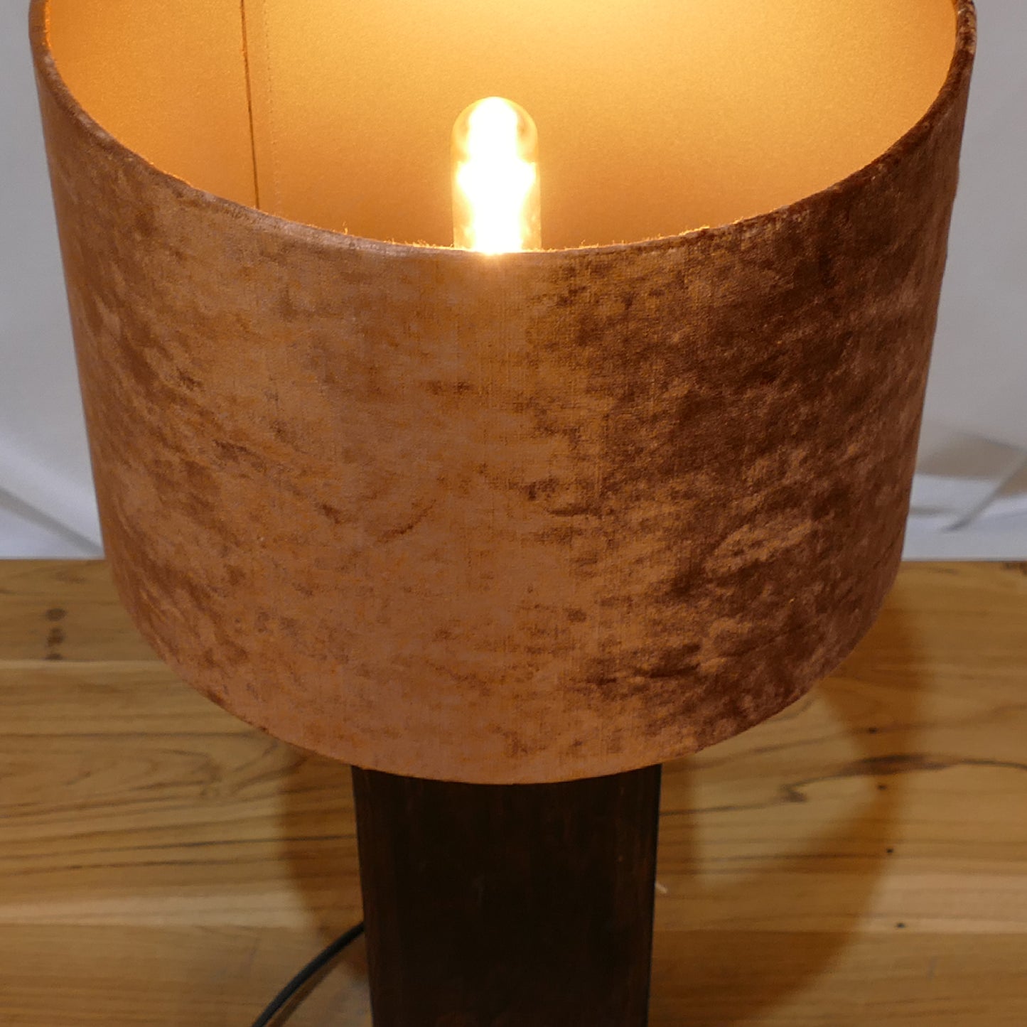 Wooden Block Lamp with Burnt Orange Velvet Shade