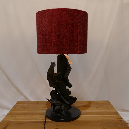 Driftwood Style Table Lamp with Deep Red Textured Shade
