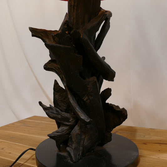 Driftwood Style Table Lamp with Deep Red Textured Shade