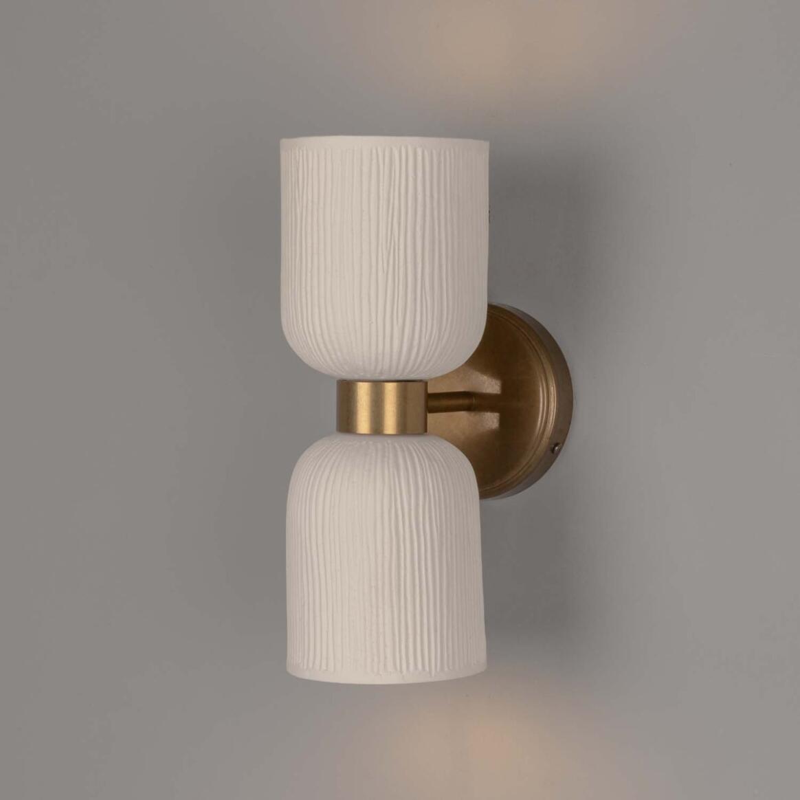 Sakura Matte White Striped Double Ceramic and Brass Wall Light 31cm IP20