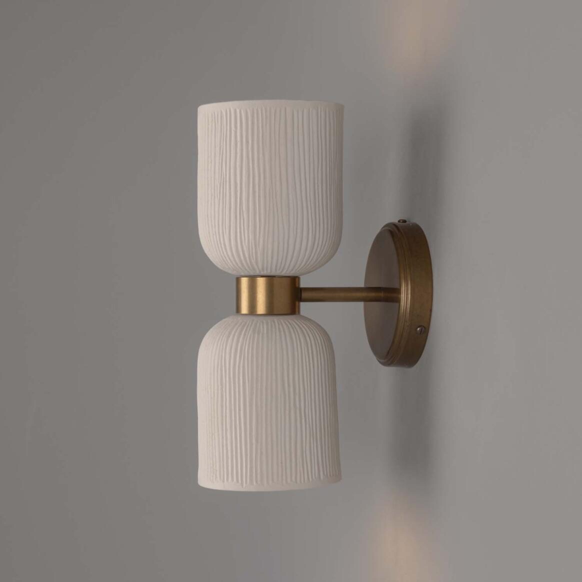 Sakura Matte White Striped Double Ceramic and Brass Wall Light 31cm IP20