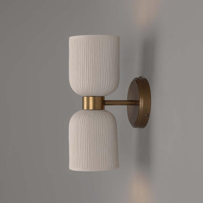 Sakura Matte White Striped Double Ceramic and Brass Wall Light 31cm IP20