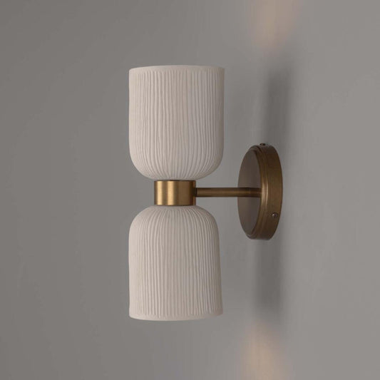 Sakura Matte White Striped Double Ceramic and Brass Wall Light 31cm IP20